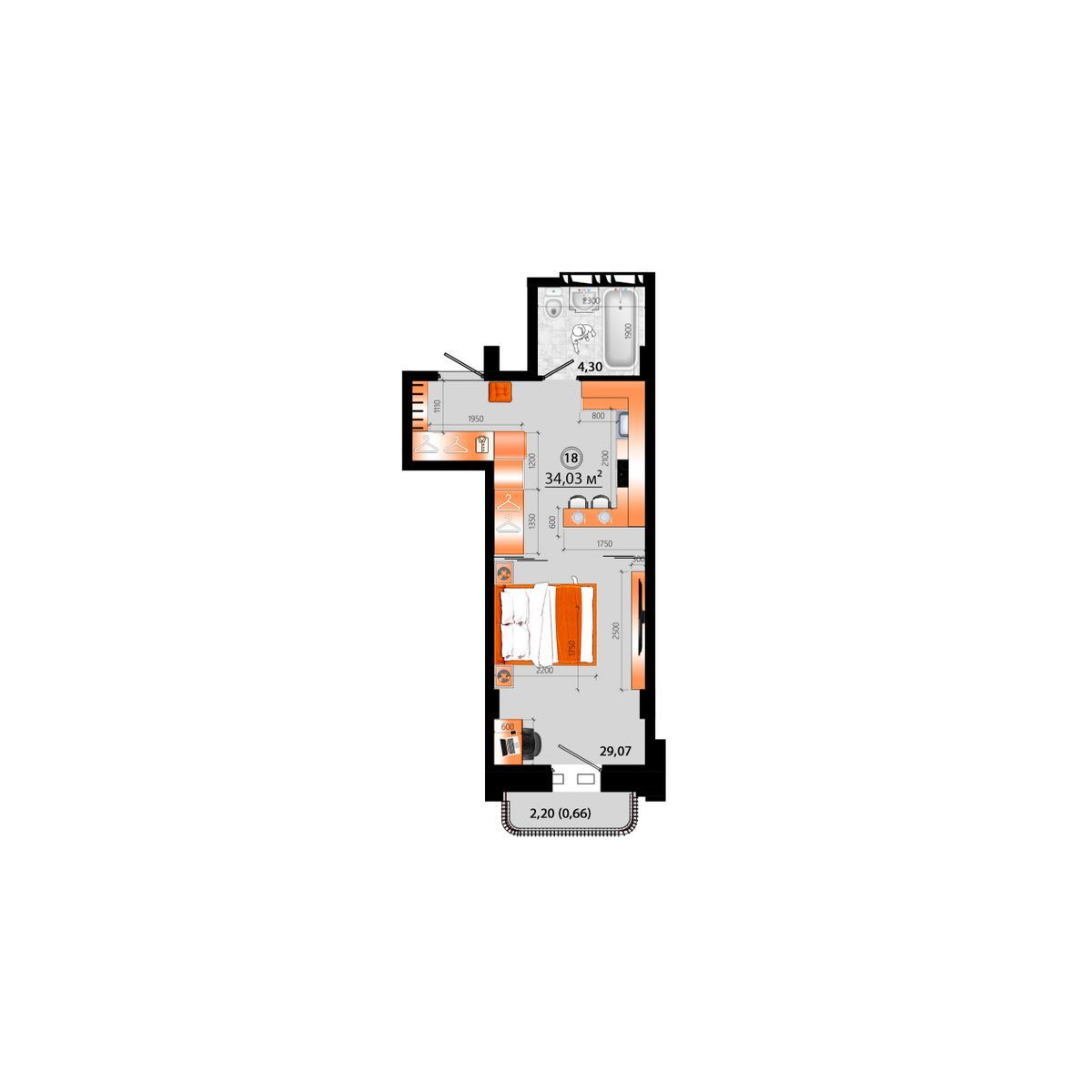 1-комнатная, 34.03 м², № Г-18 в Sunrise (Санрайс)