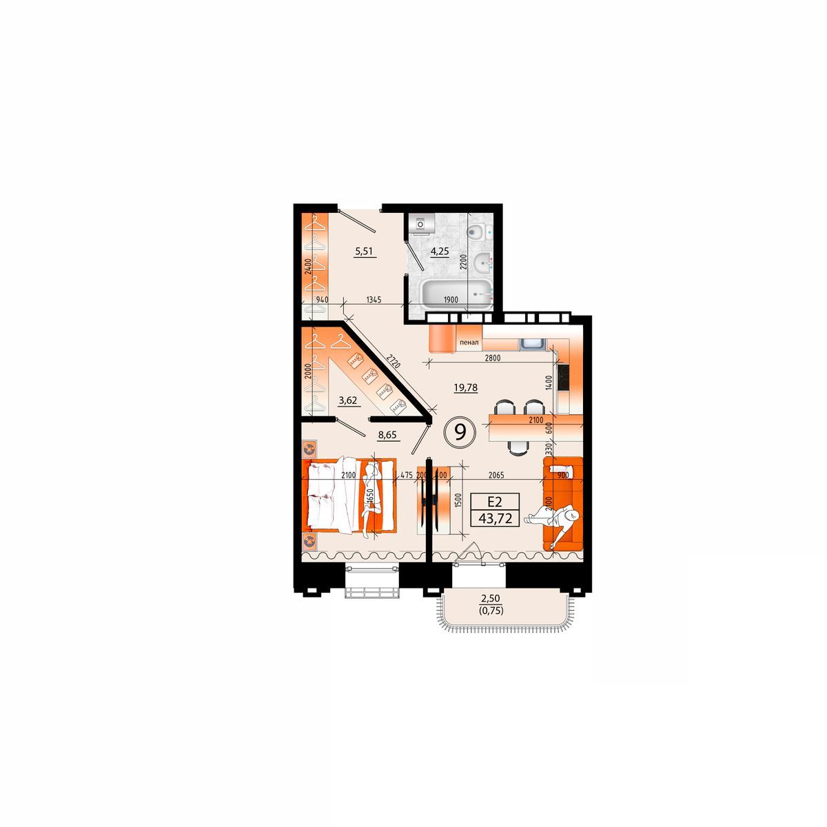 2-комнатная, 43.72 м², № А-9 в Sunrise (Санрайс)