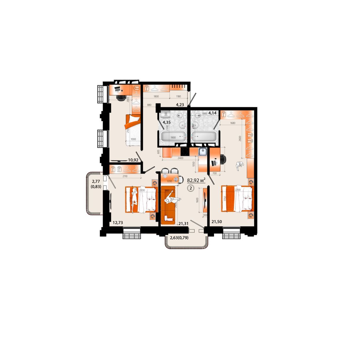 4-комнатная, 82.92 м², № Г-2 в Sunrise (Санрайс)