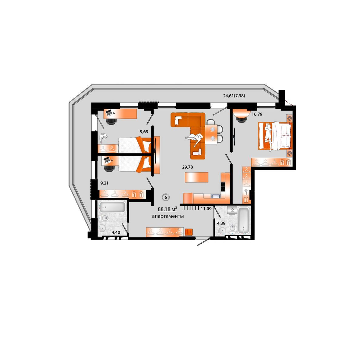 4-комнатная, 95.13 м², № Г-6 в Sunrise (Санрайс)