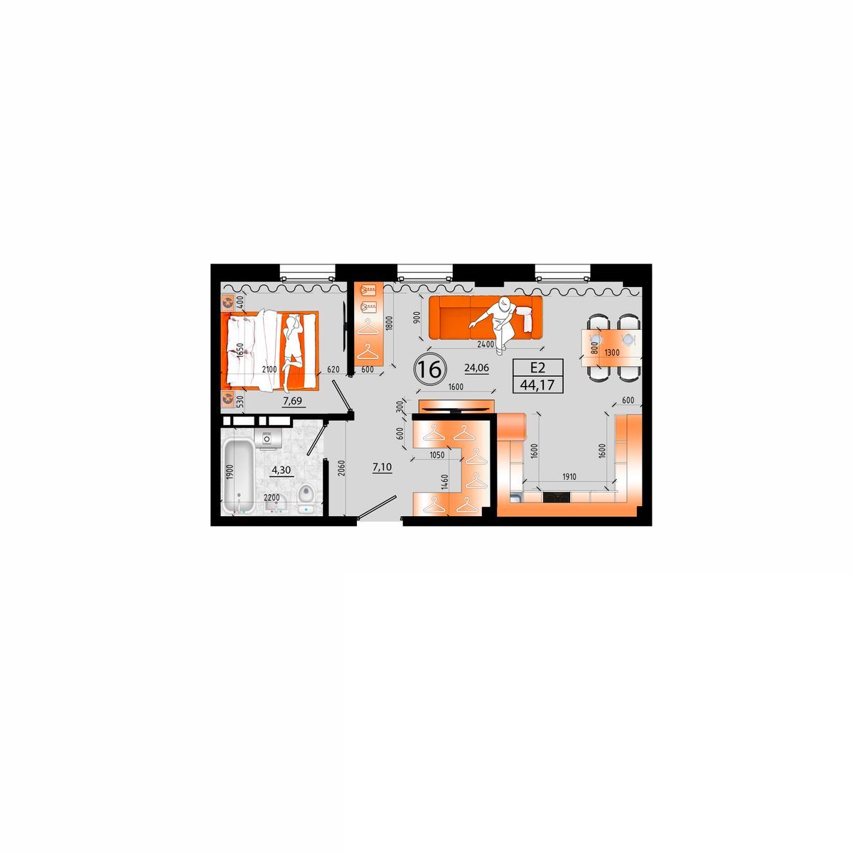 3-комнатная, 47.4 м², № Е-17 в Sunrise (Санрайс)