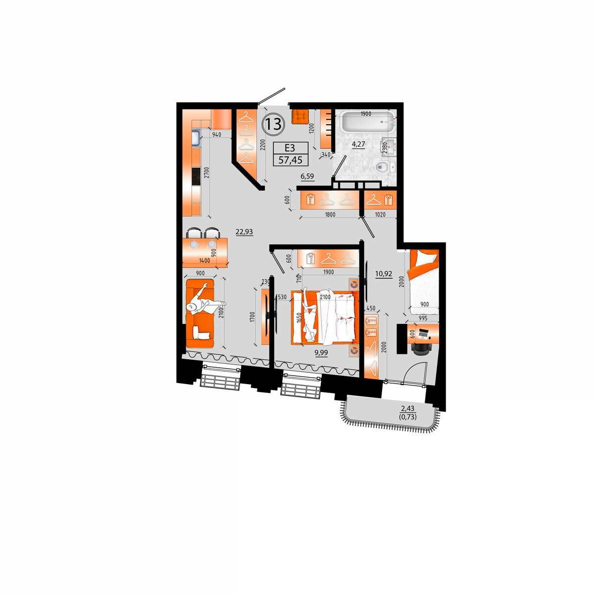3-комнатная, 57.45 м², № Е-13 в Sunrise (Санрайс)