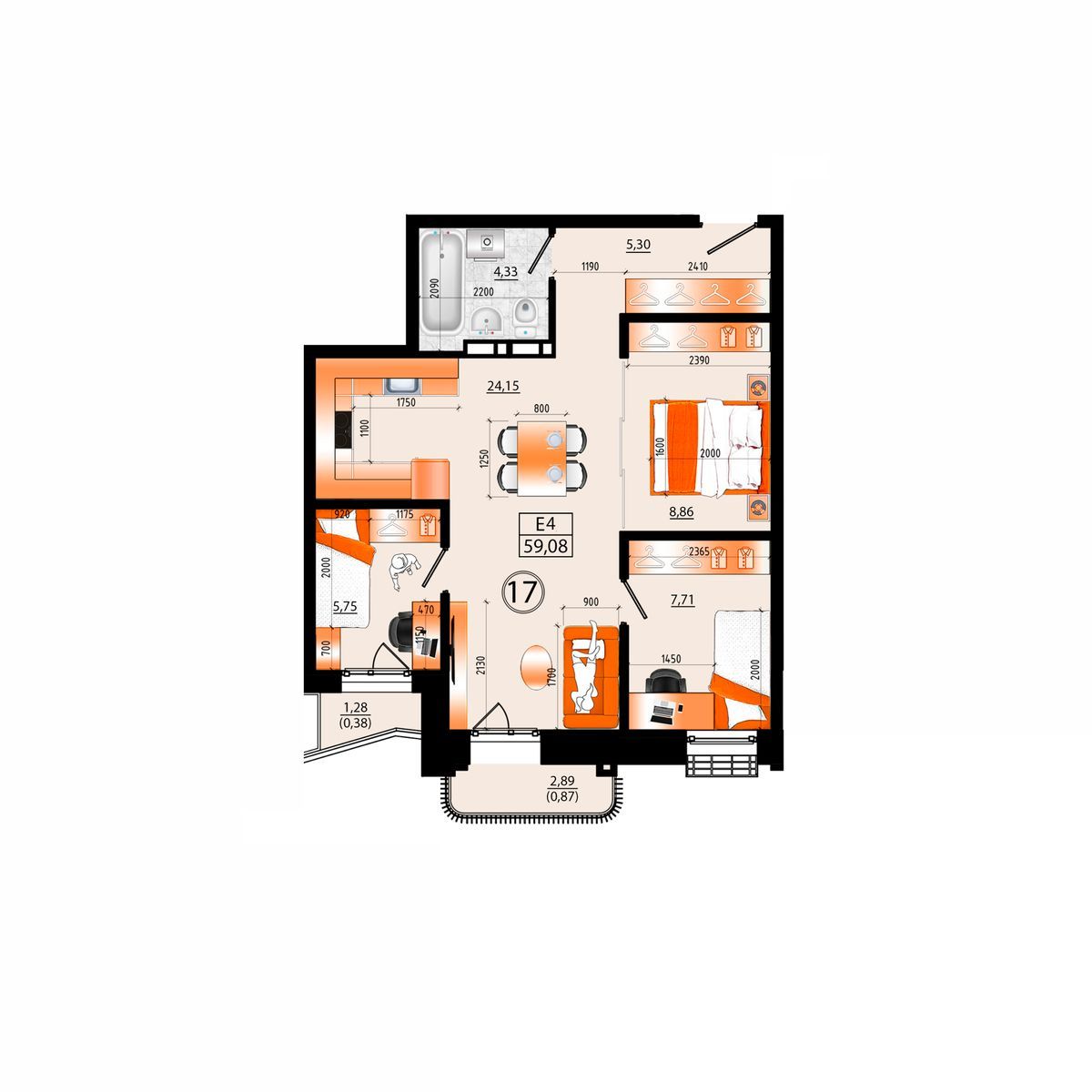 4-комнатная, 59.08 м², № А-17 в Sunrise (Санрайс)