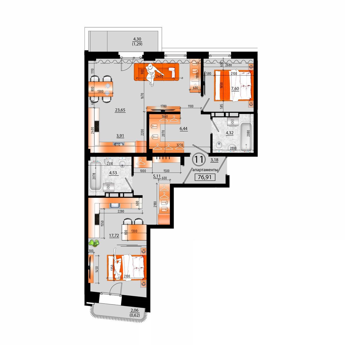 4-комнатная, 76.91 м², № В-11 в Sunrise (Санрайс)