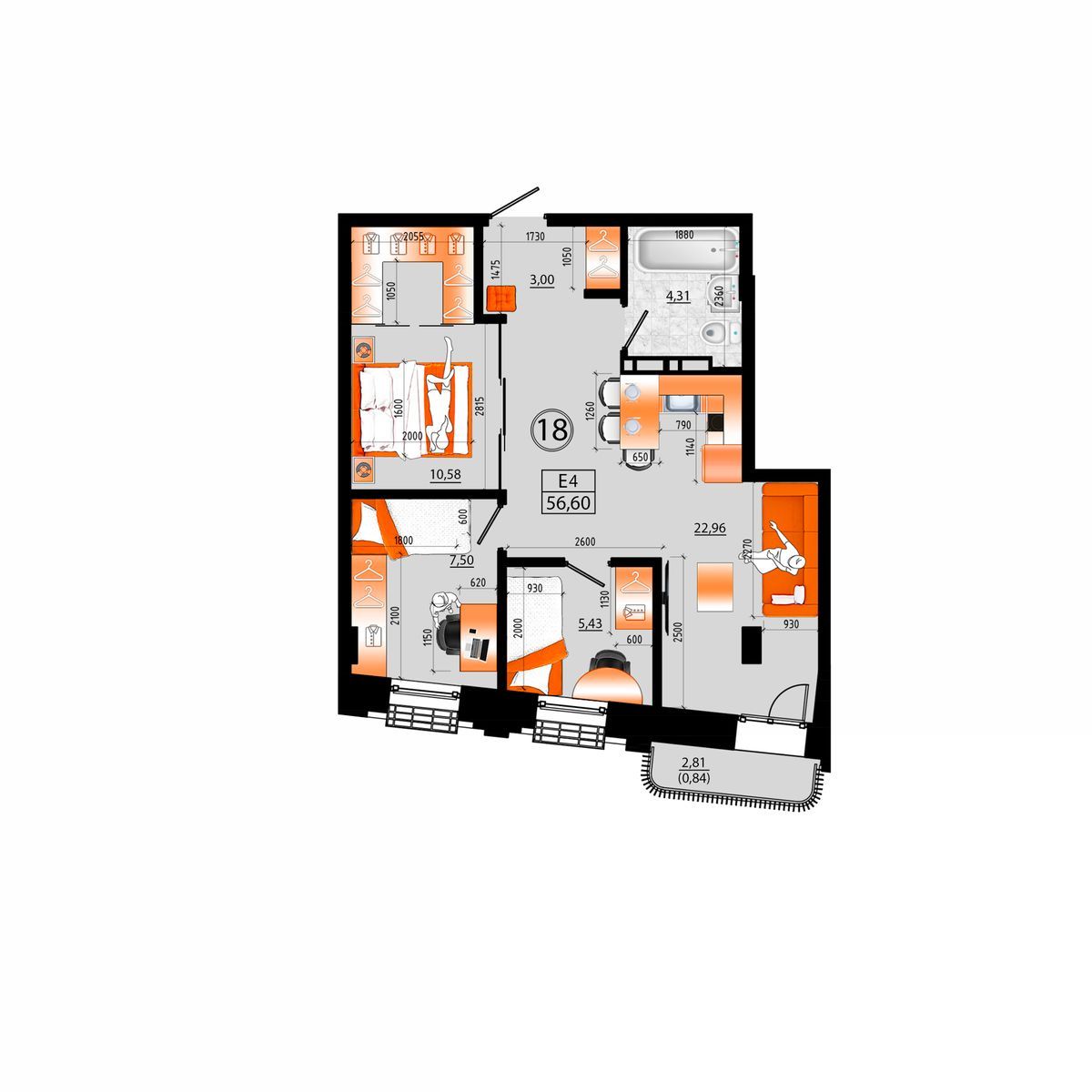 3-комнатная, 56.6 м², № В-18 в Sunrise (Санрайс)