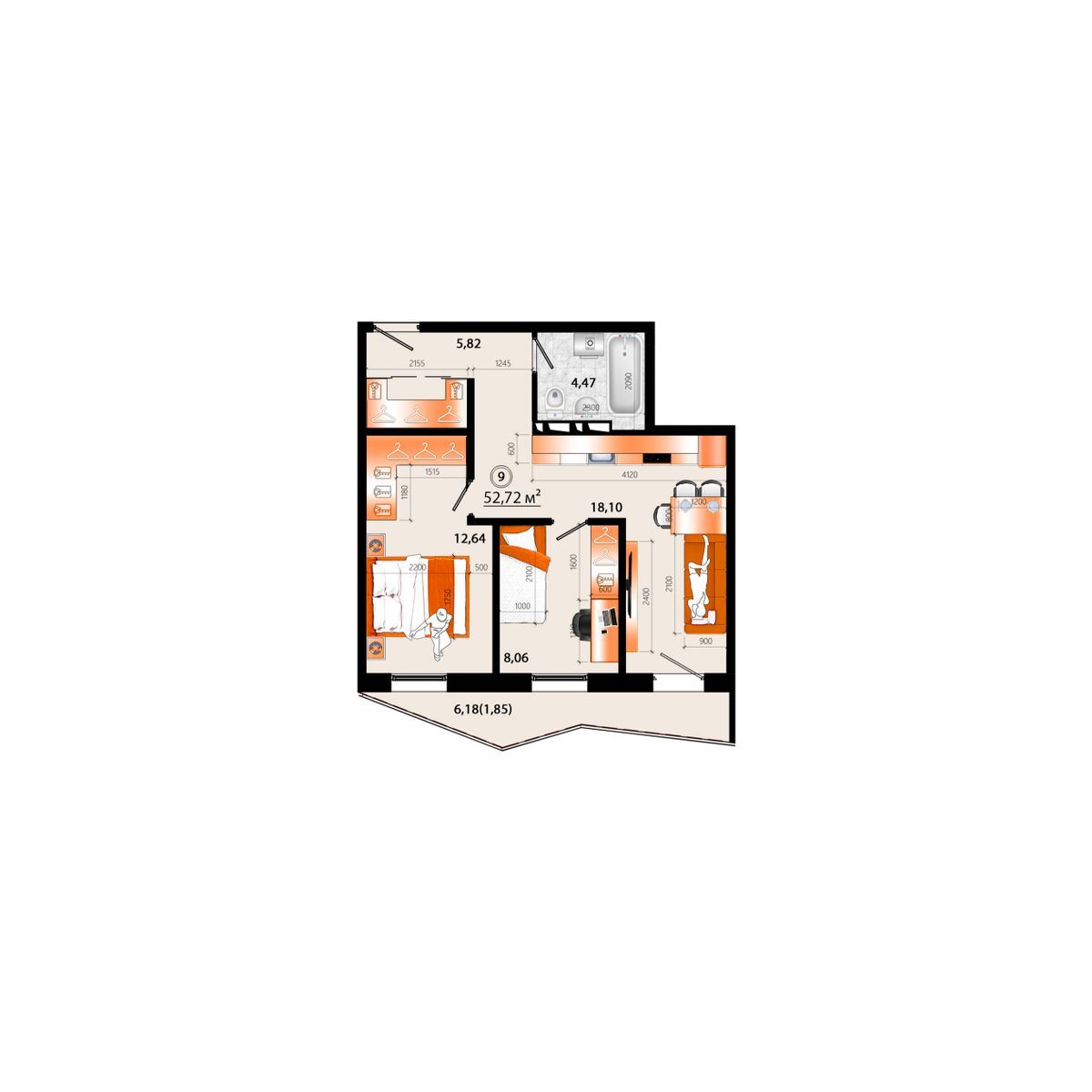 3-комнатная, 52.72 м², № Г-9 в Sunrise (Санрайс)