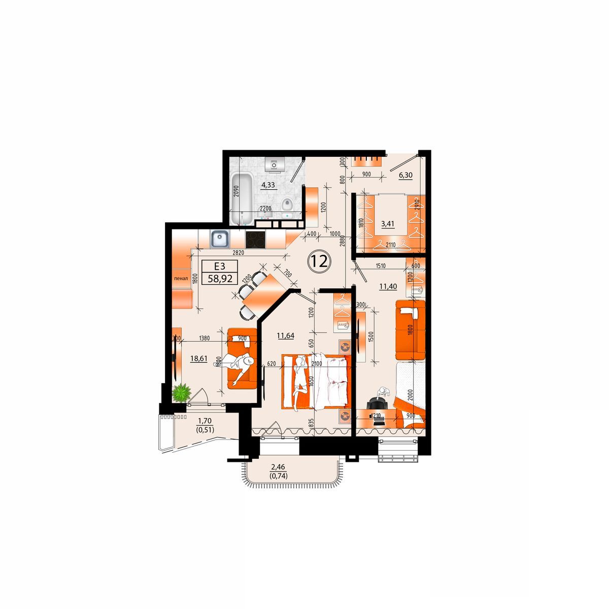 4-комнатная, 58.92 м², № А-12 в Sunrise (Санрайс)