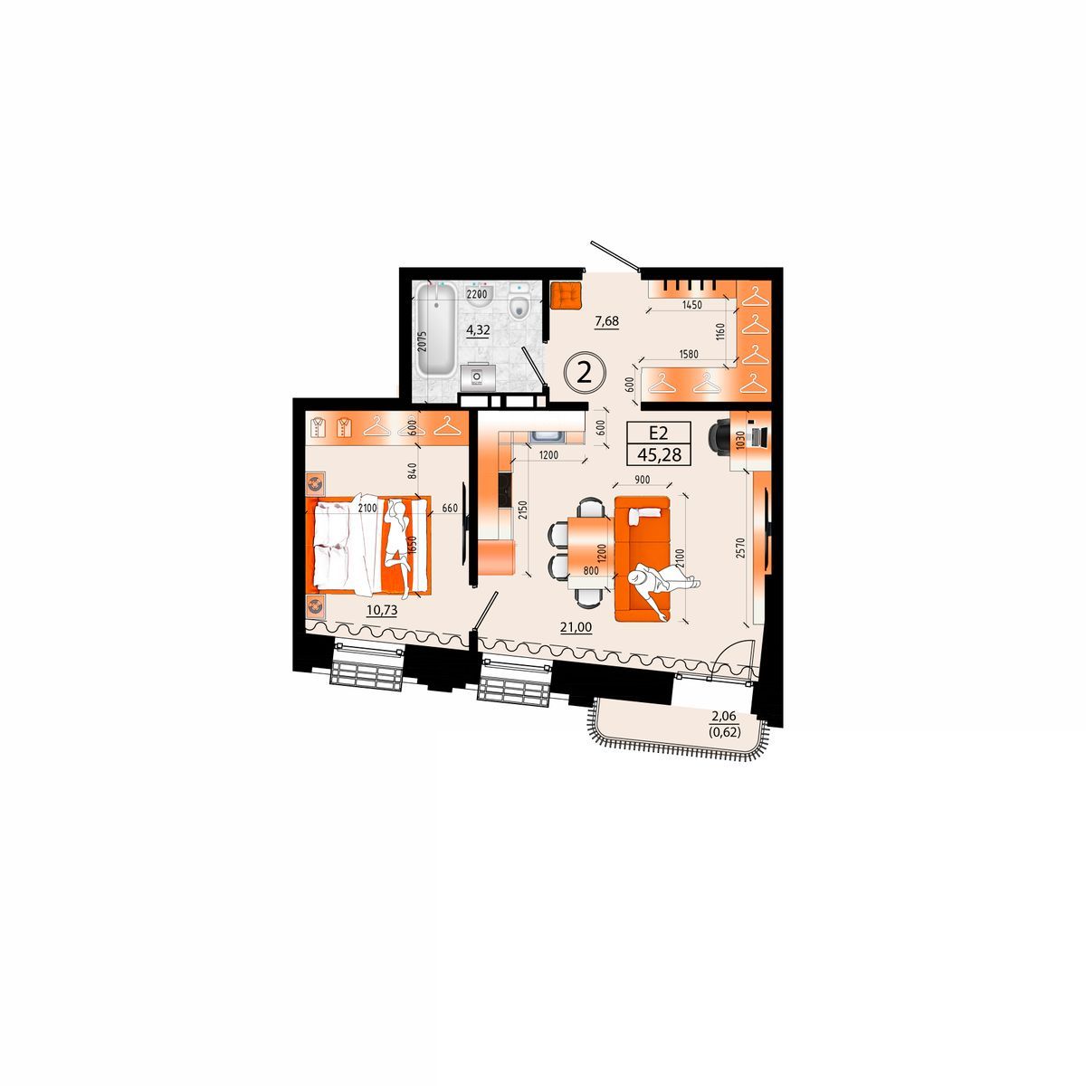3-комнатная, 45.28 м², № Д-2 в Sunrise (Санрайс)