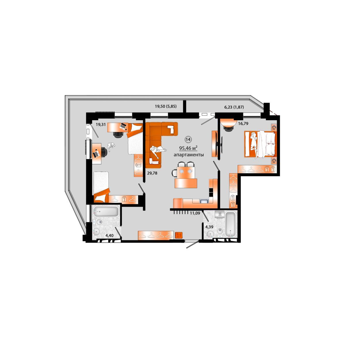 4-комнатная, 95.46 м², № Г-14 в Sunrise (Санрайс)