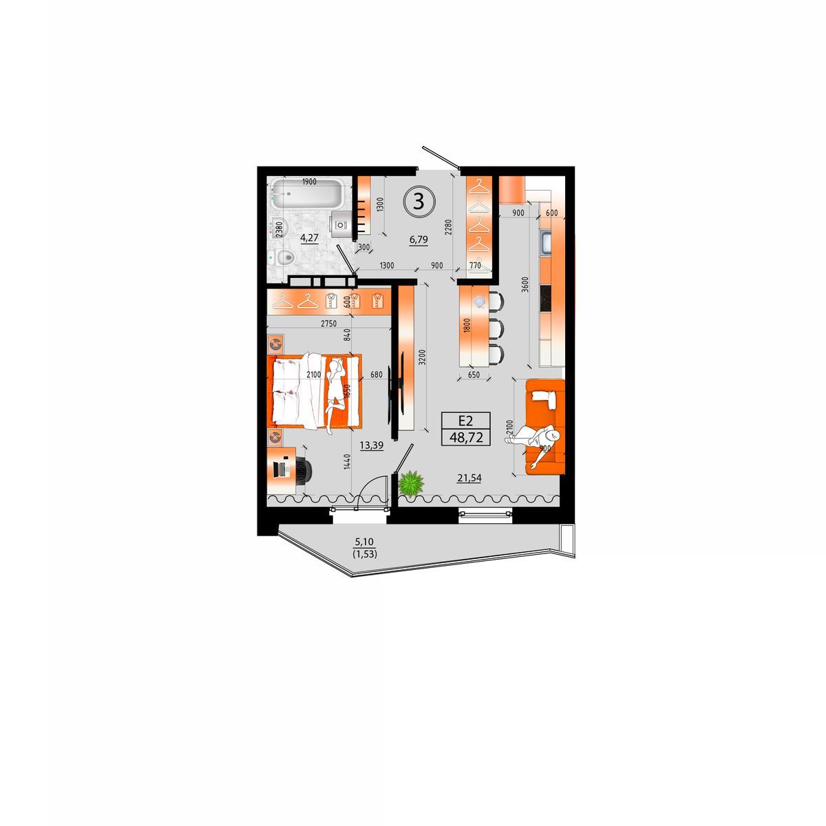 3-комнатная, 48.72 м², № Д-3 в Sunrise (Санрайс)