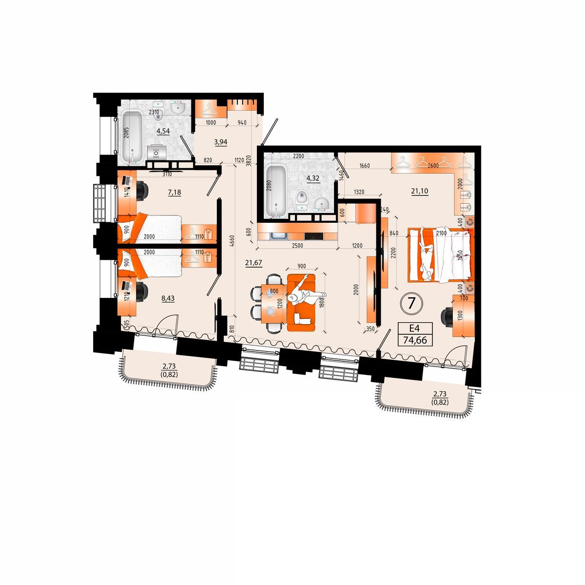 4-комнатная, 74.66 м², № Е-7 в Sunrise (Санрайс)