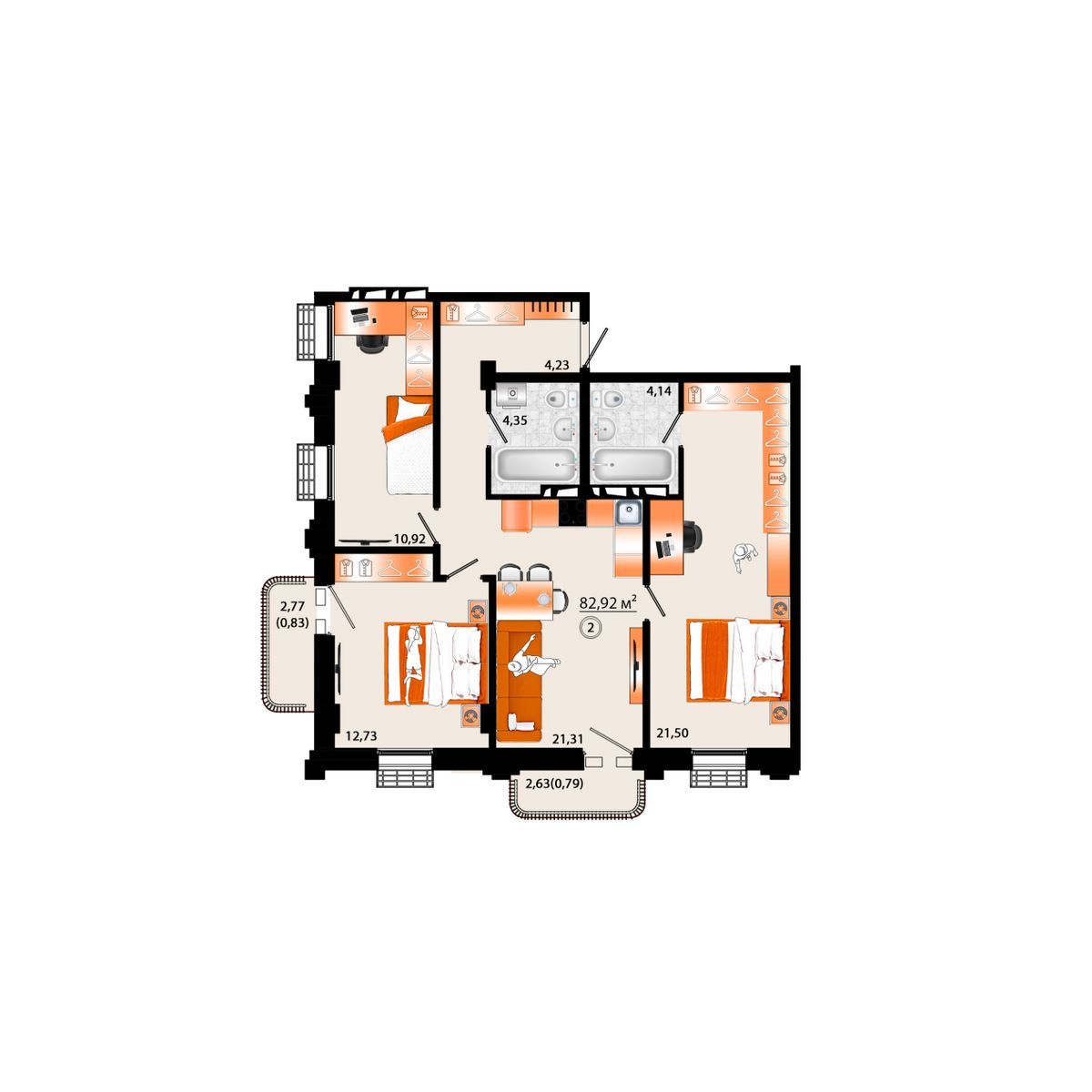 4-комнатная, 82.92 м², № Г-2 в Sunrise (Санрайс)