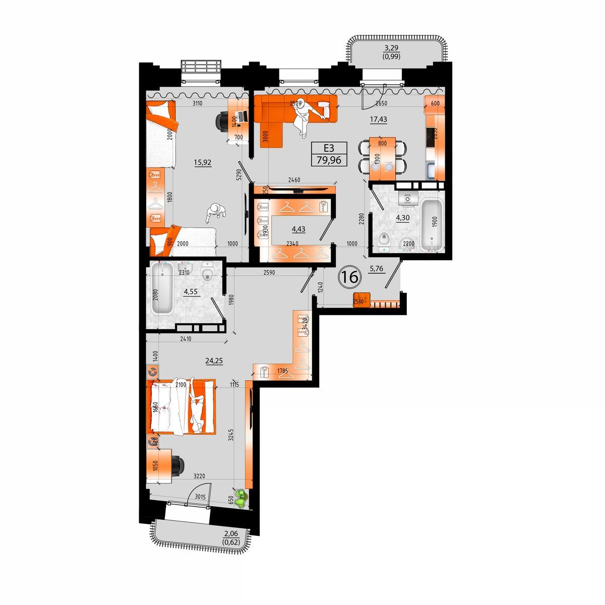 4-комнатная, 79.96 м², № Д-16 в Sunrise (Санрайс)