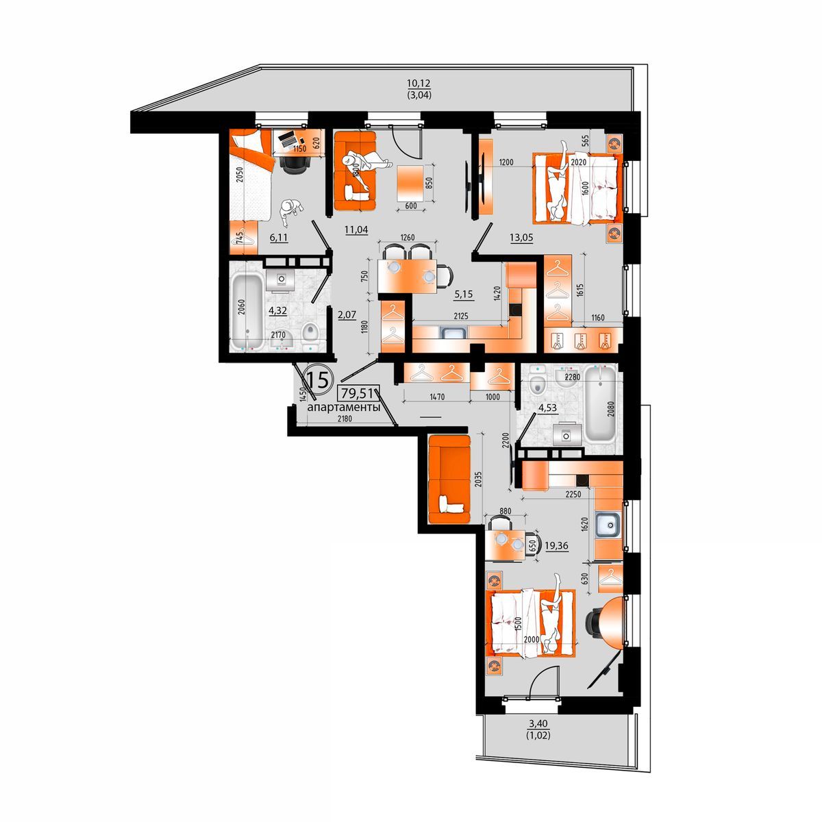 4-комнатная, 79.51 м², № Д-15 в Sunrise (Санрайс)