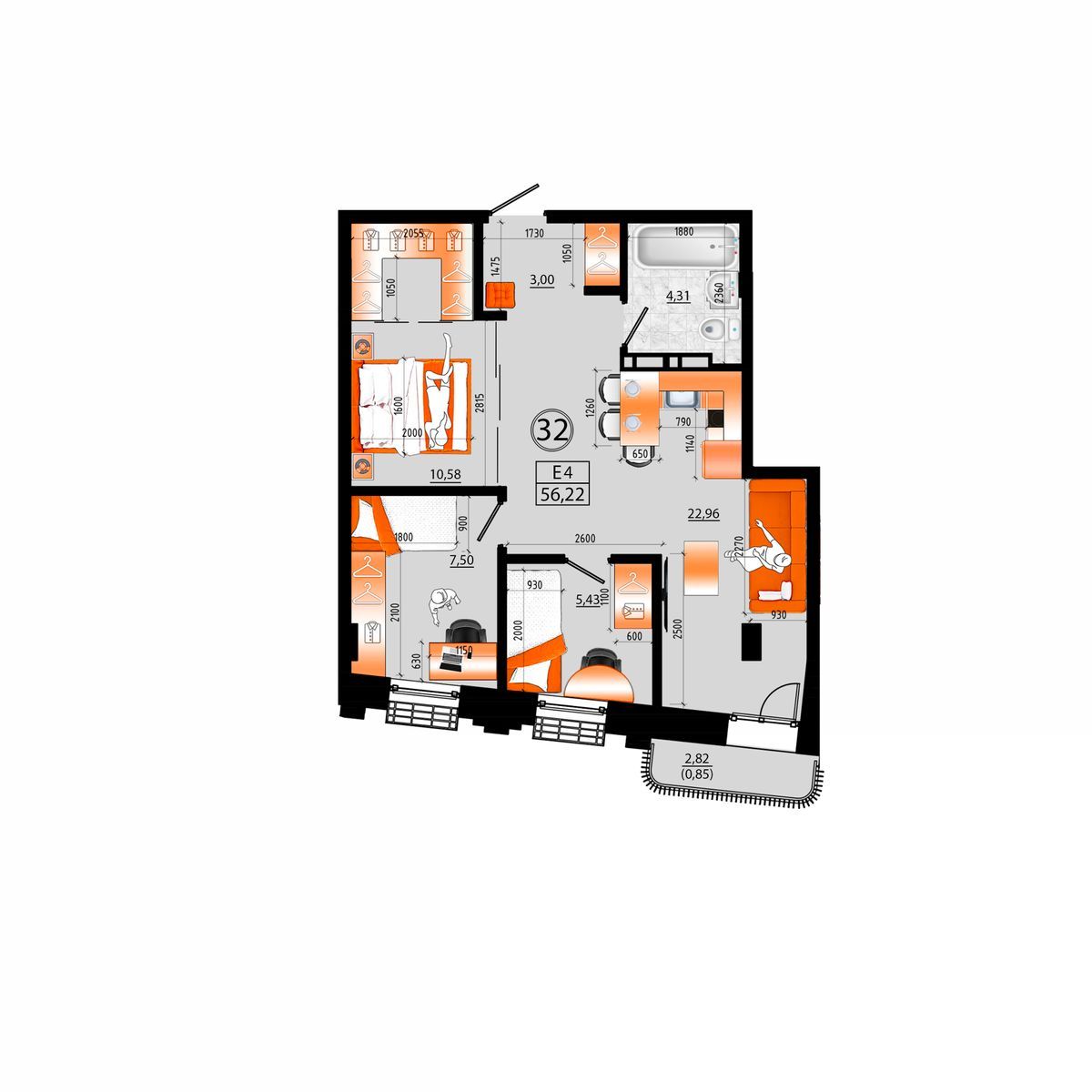 3-комнатная, 56.22 м², № В-32 в Sunrise (Санрайс)