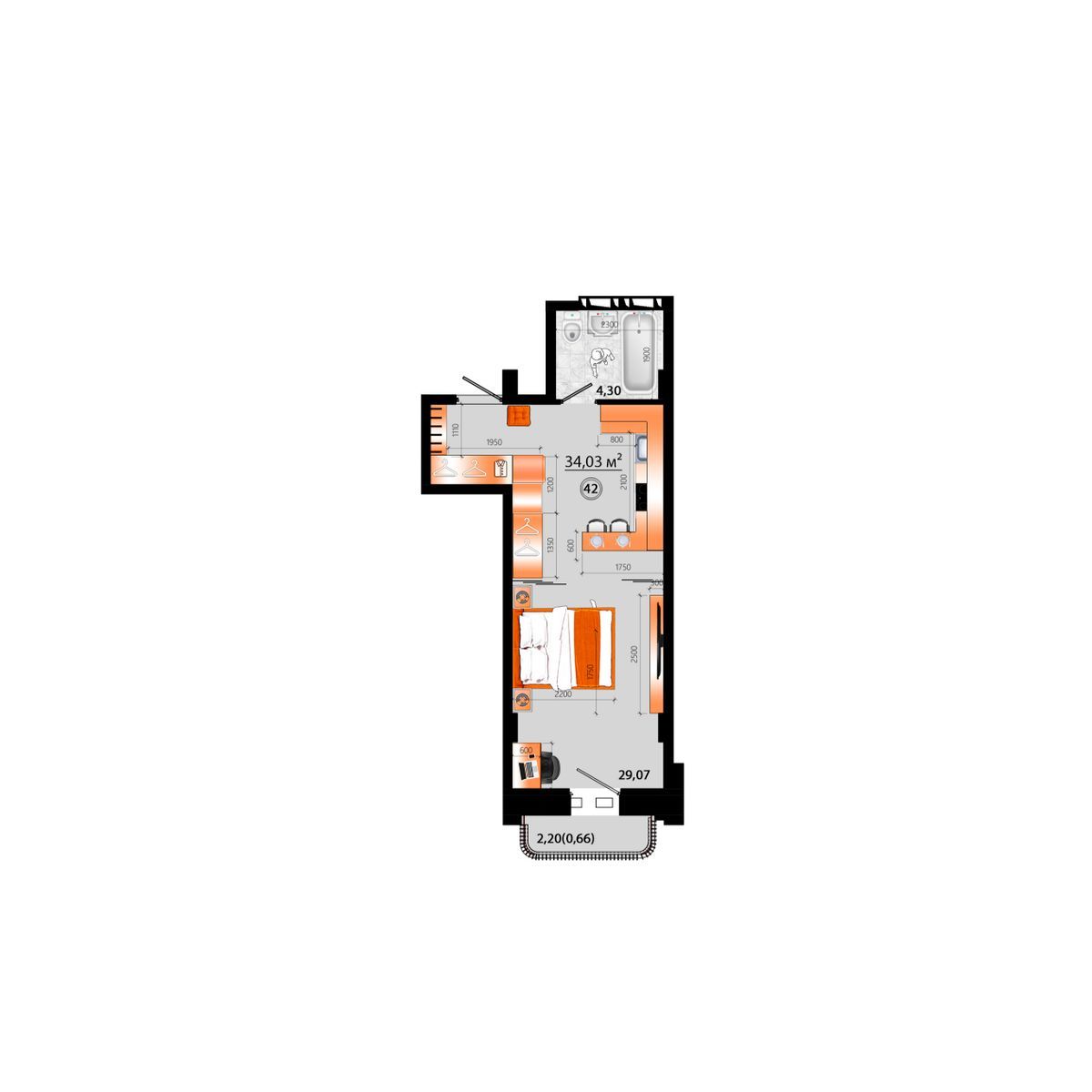 1-комнатная, 34.03 м², № Г-42 в Sunrise (Санрайс)