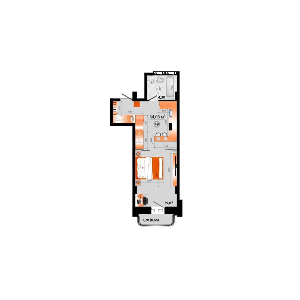 1-комнатная, 34.03 м², № Г-49 в Sunrise (Санрайс)
