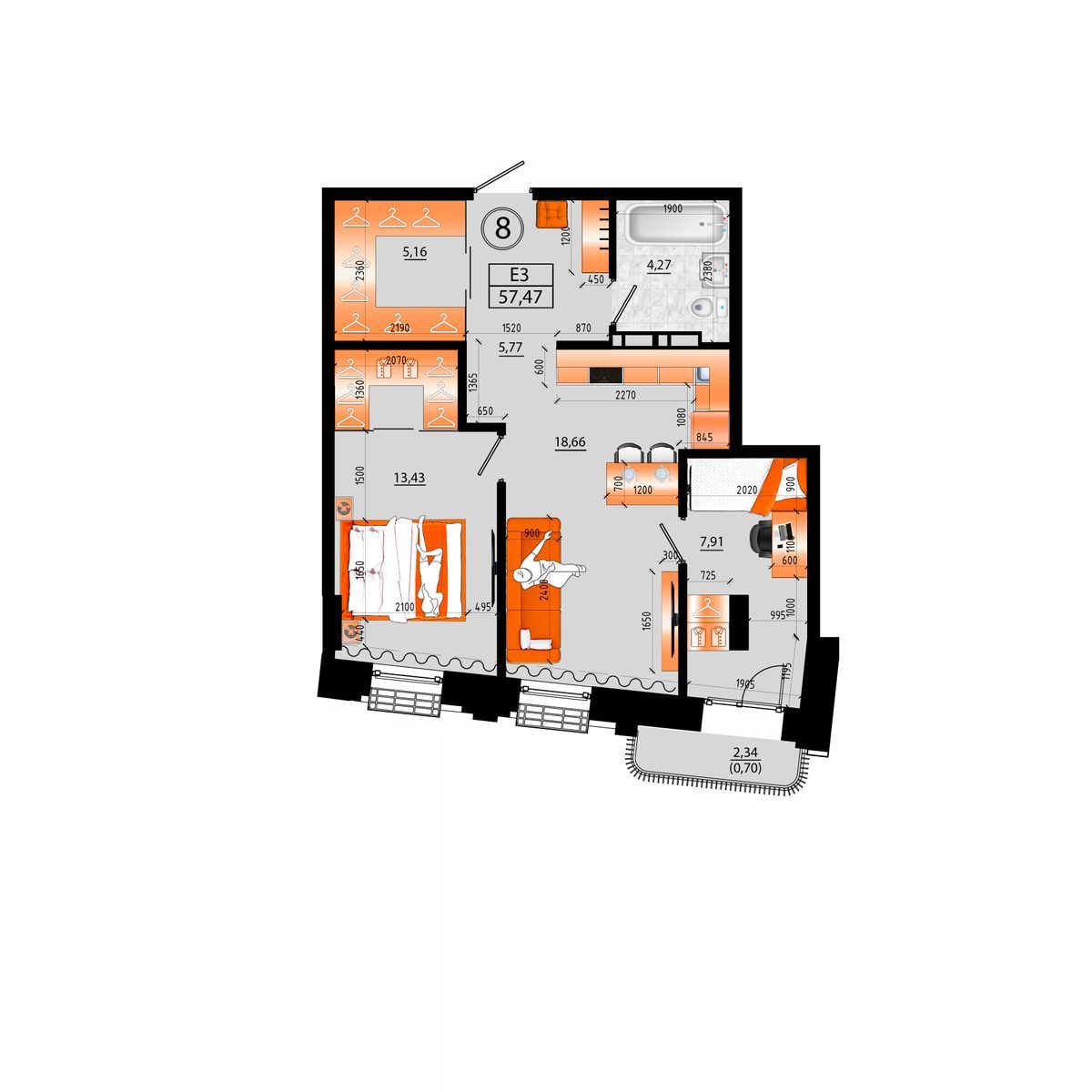 3-комнатная, 57.47 м², № Е-8 в Sunrise (Санрайс)