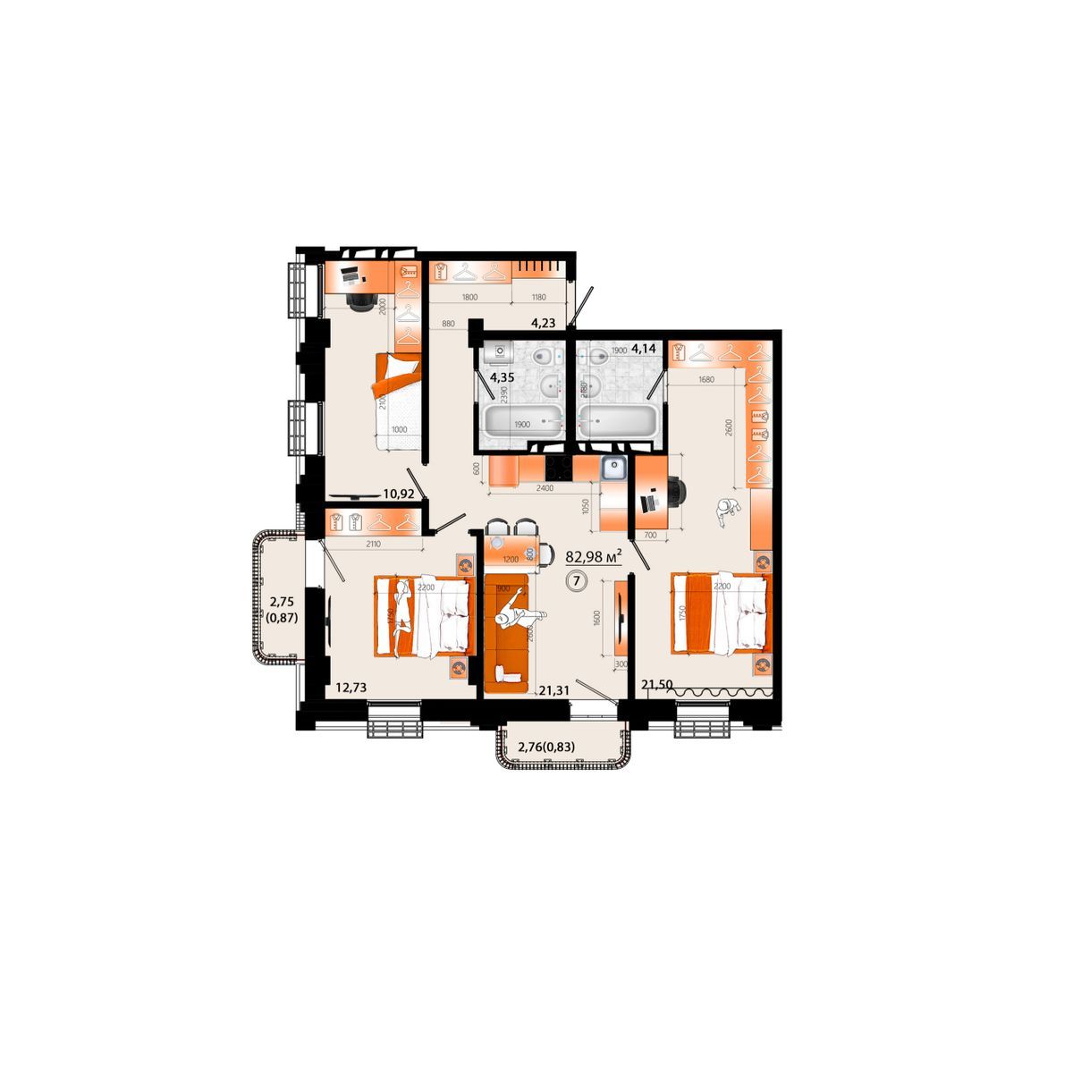 4-комнатная, 82.98 м², № Г-7 в Sunrise (Санрайс)