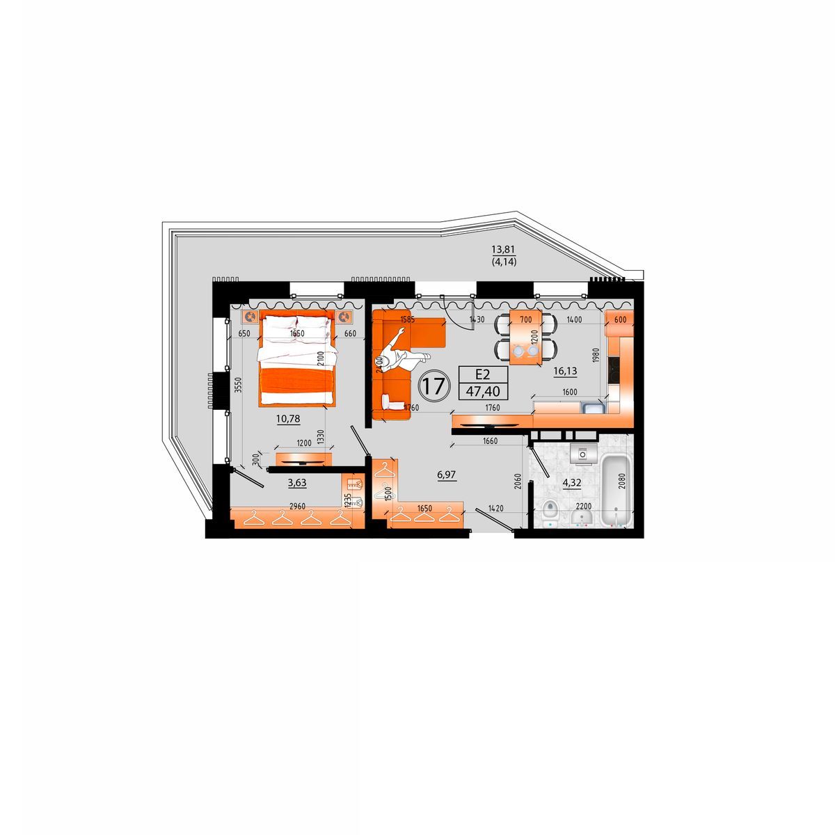 3-комнатная, 47.4 м², № Е-17 в Sunrise (Санрайс)