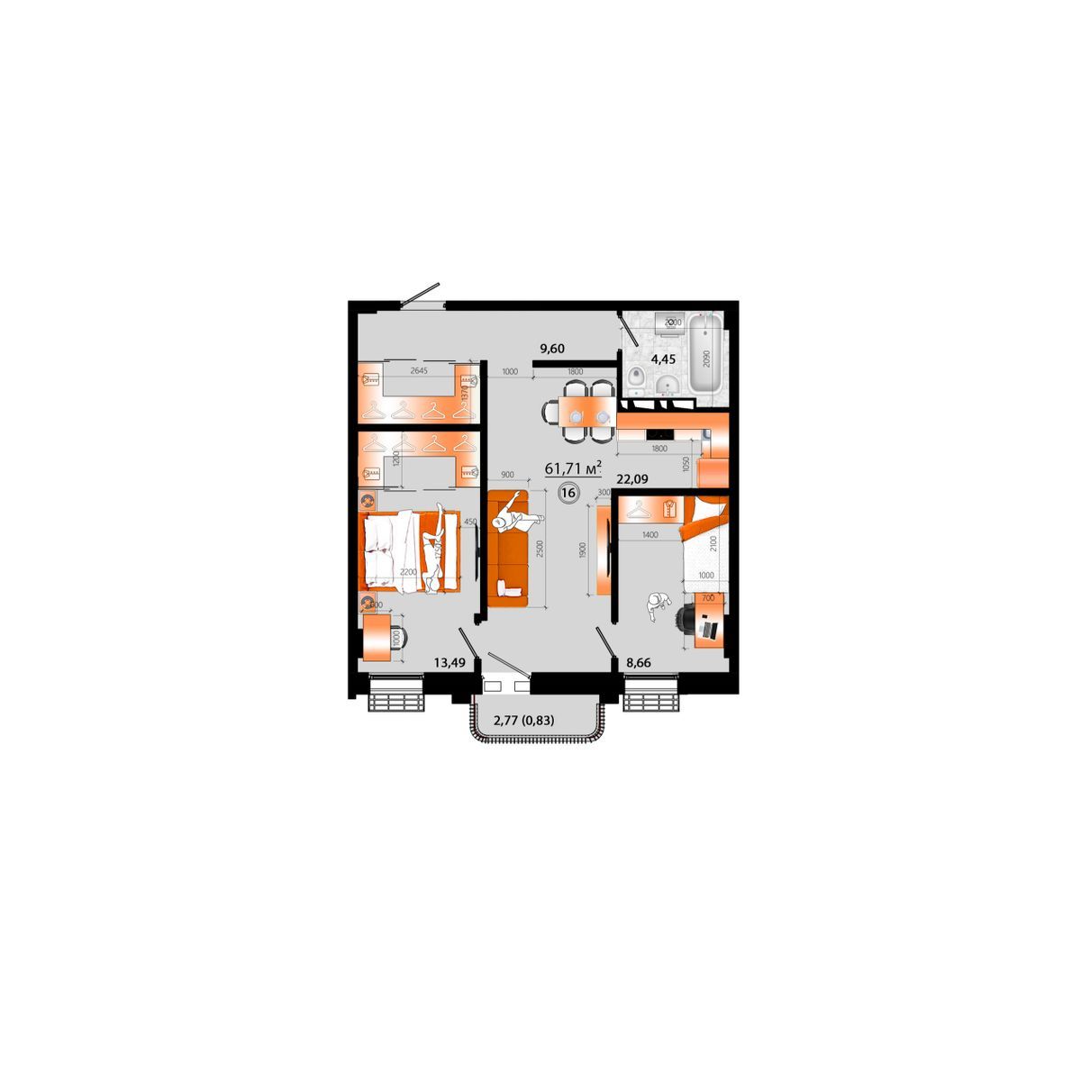 3-комнатная, 61.71 м², № Г-16 в Sunrise (Санрайс)