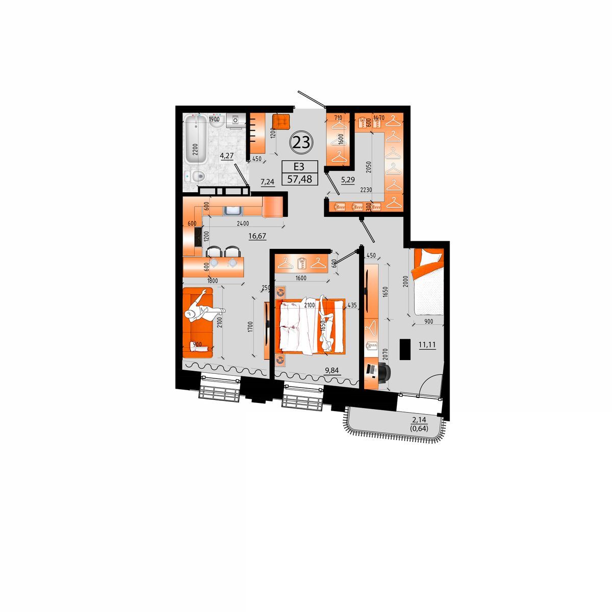 3-комнатная, 57.48 м², № Д-23 в Sunrise (Санрайс)