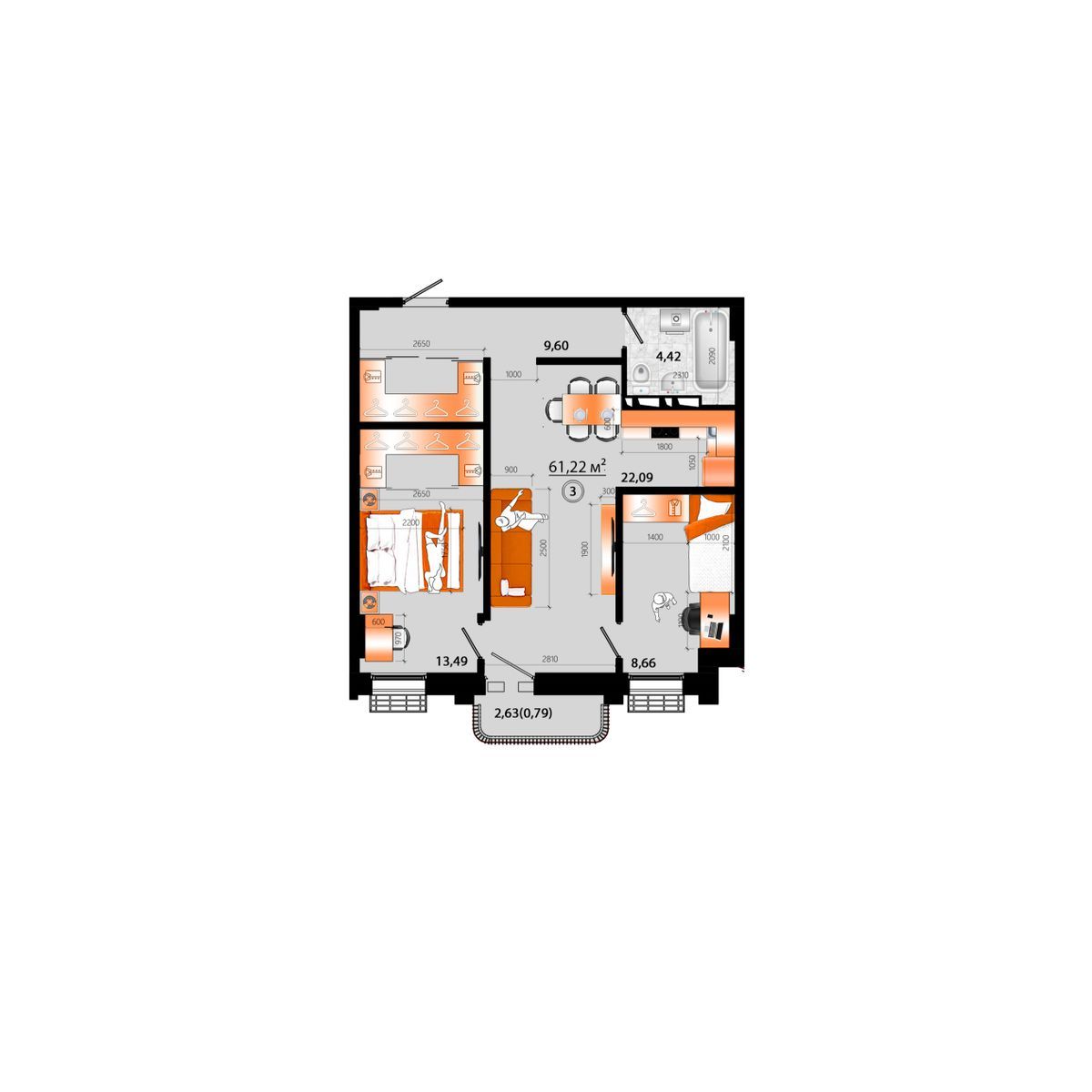 3-комнатная, 61.22 м², № Г-3 в Sunrise (Санрайс)