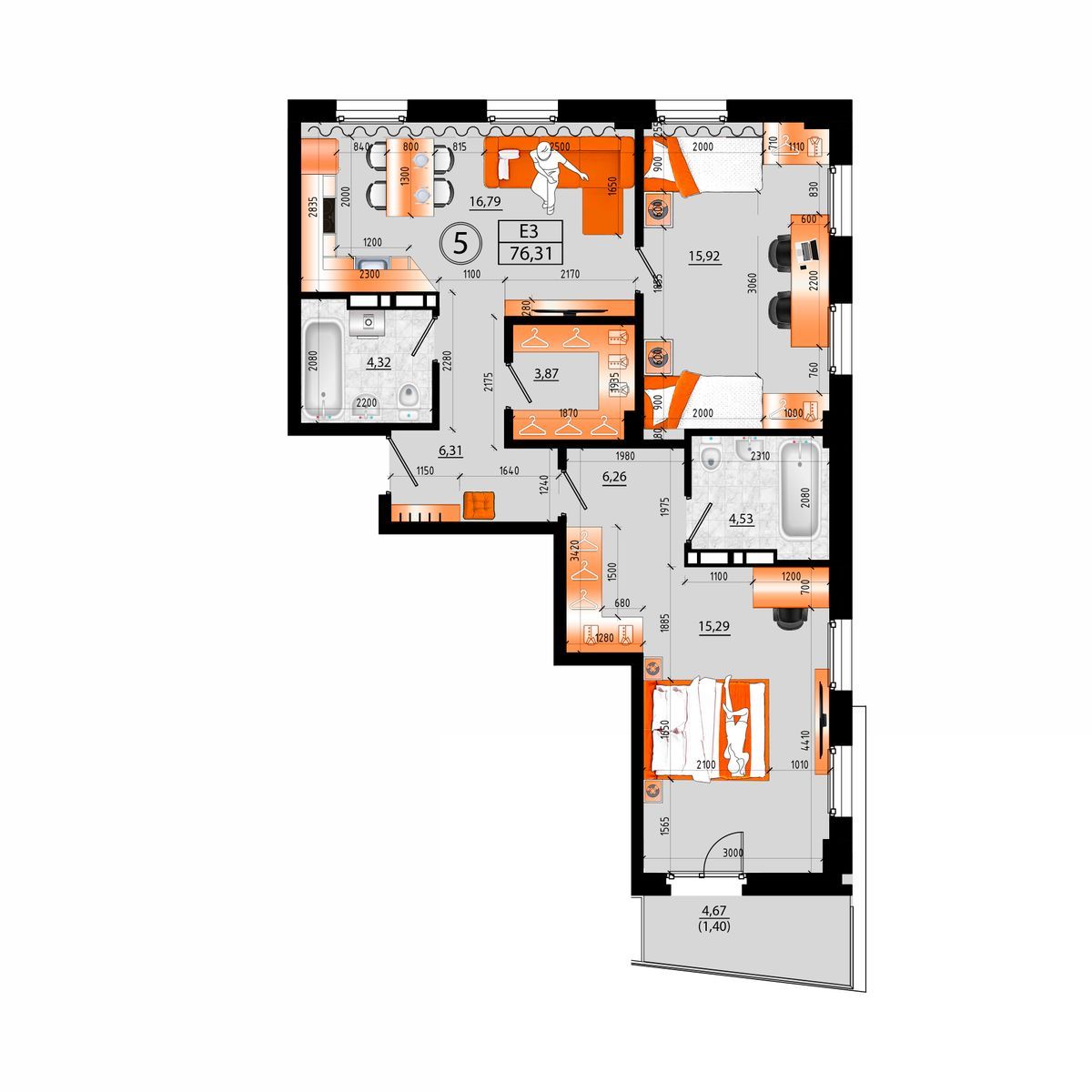 4-комнатная, 76.31 м², № Д-5 в Sunrise (Санрайс)