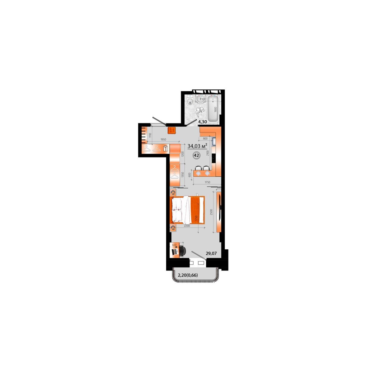 1-комнатная, 34.03 м², № Г-42 в Sunrise (Санрайс)