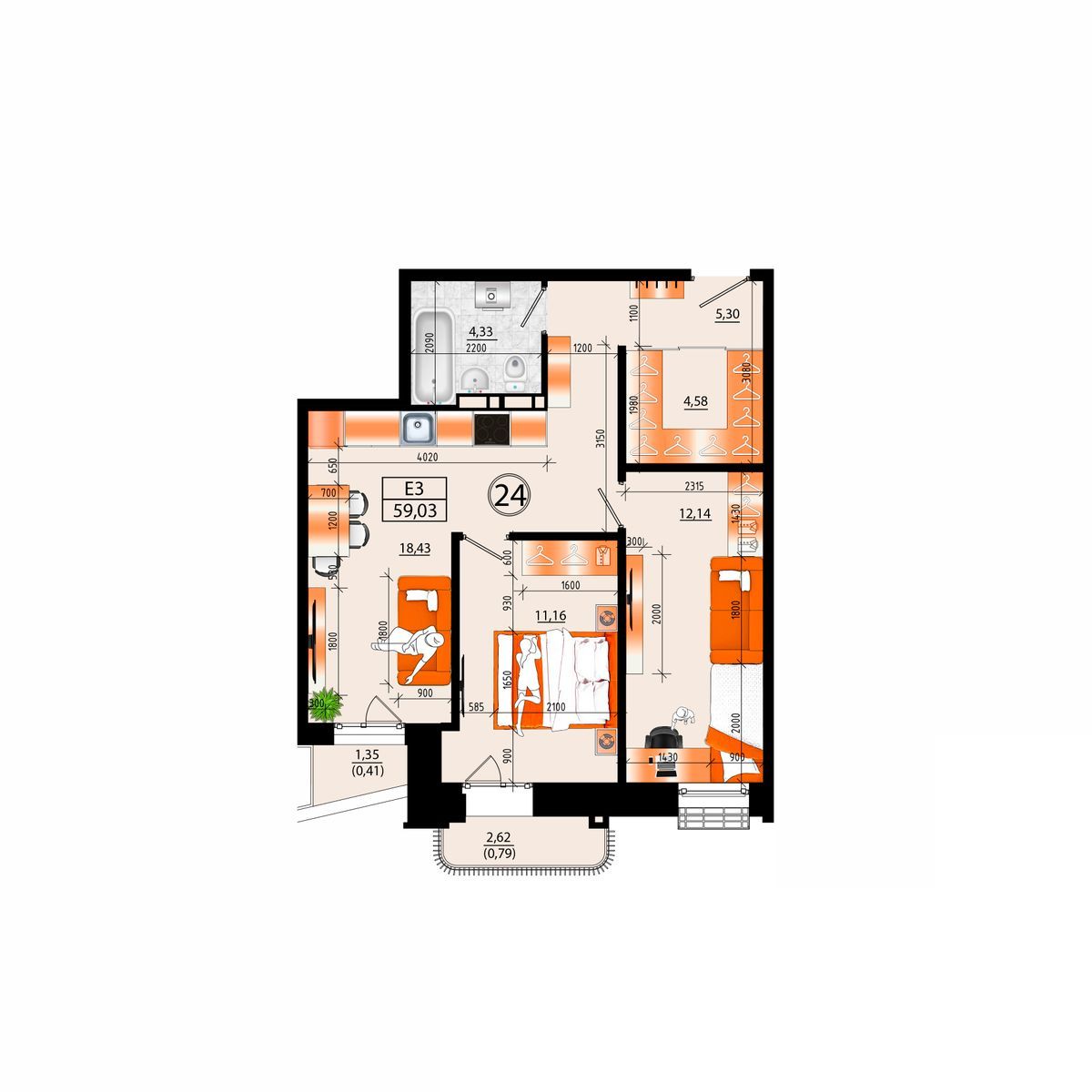 4-комнатная, 59.03 м², № А-24 в Sunrise (Санрайс)