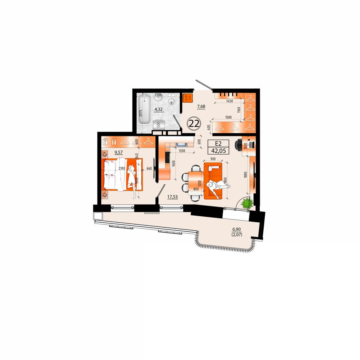 2-комнатная, 42.05 м², № Д-22 в Sunrise (Санрайс)