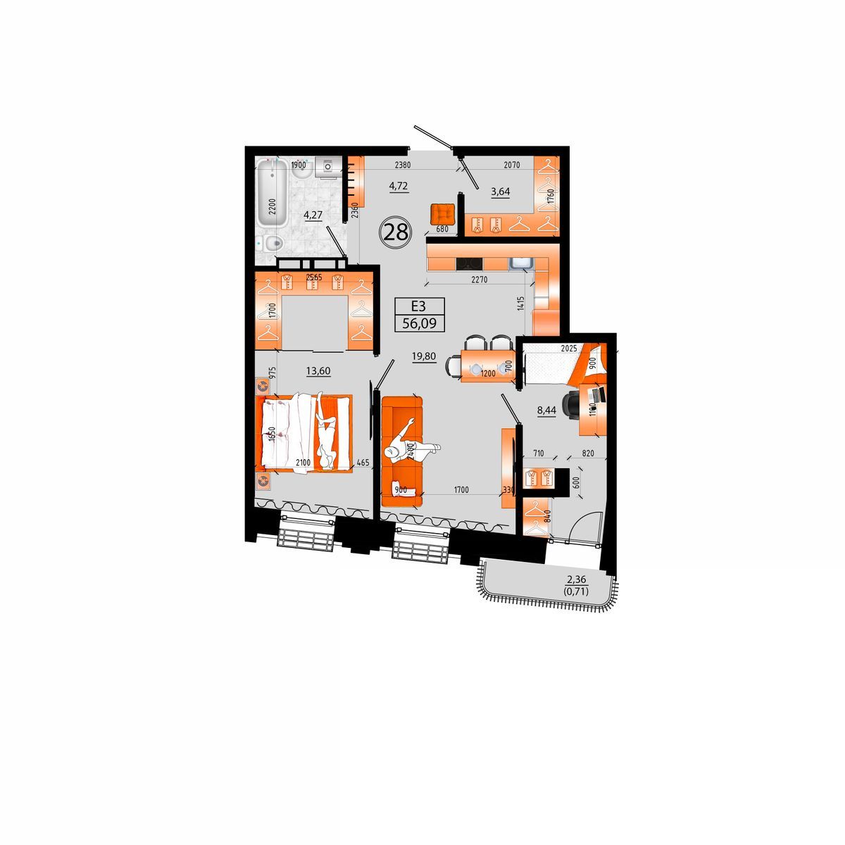 3-комнатная, 56.09 м², № Д-28 в Sunrise (Санрайс)