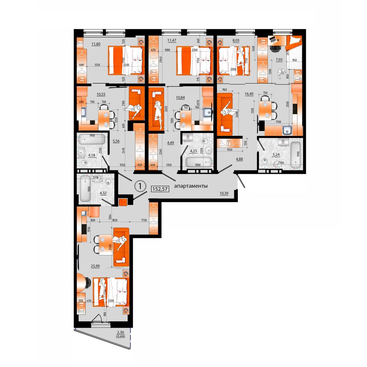 1-комнатная, 152.57 м², № А-1 в Sunrise (Санрайс)