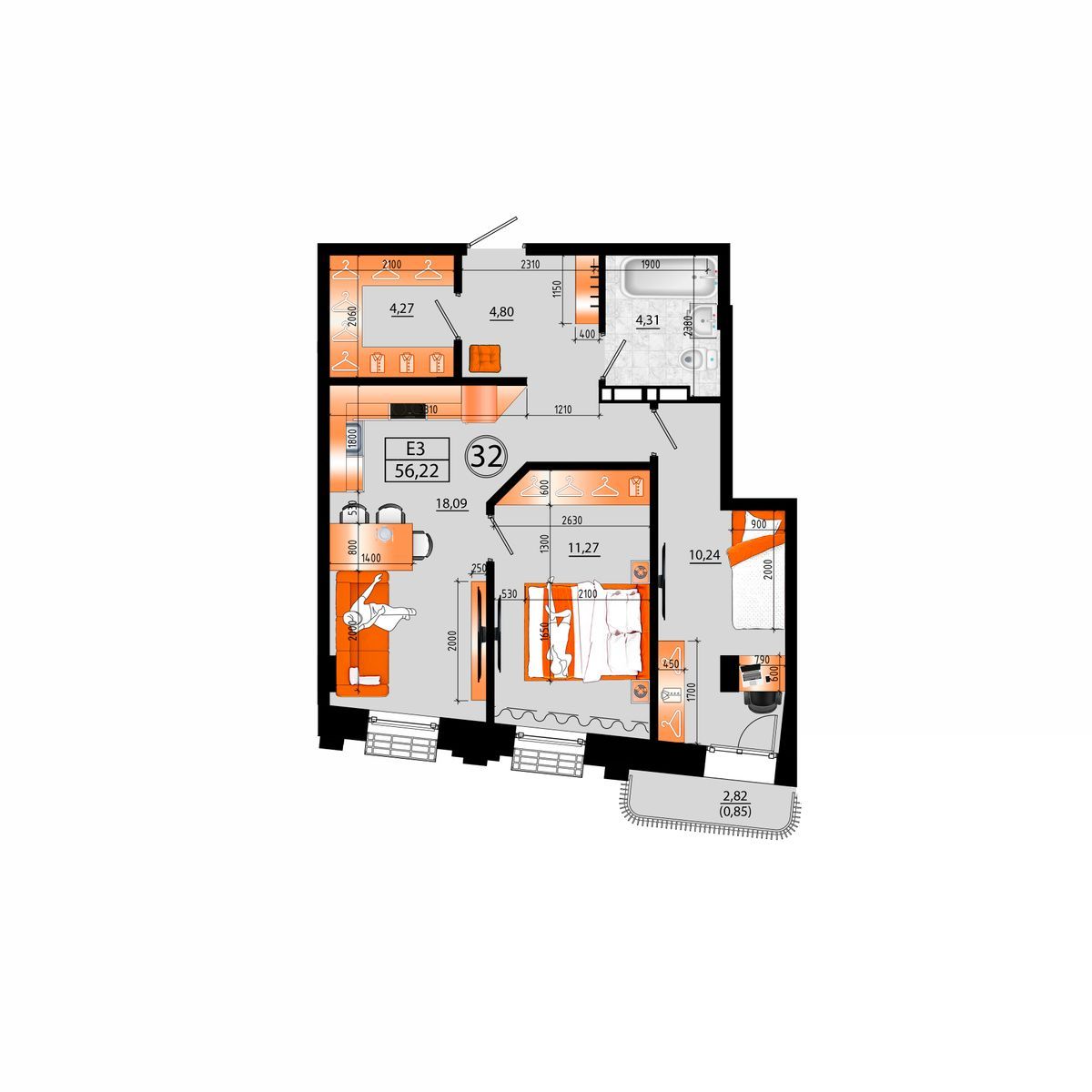 3-комнатная, 56.22 м², № В-32 в Sunrise (Санрайс)
