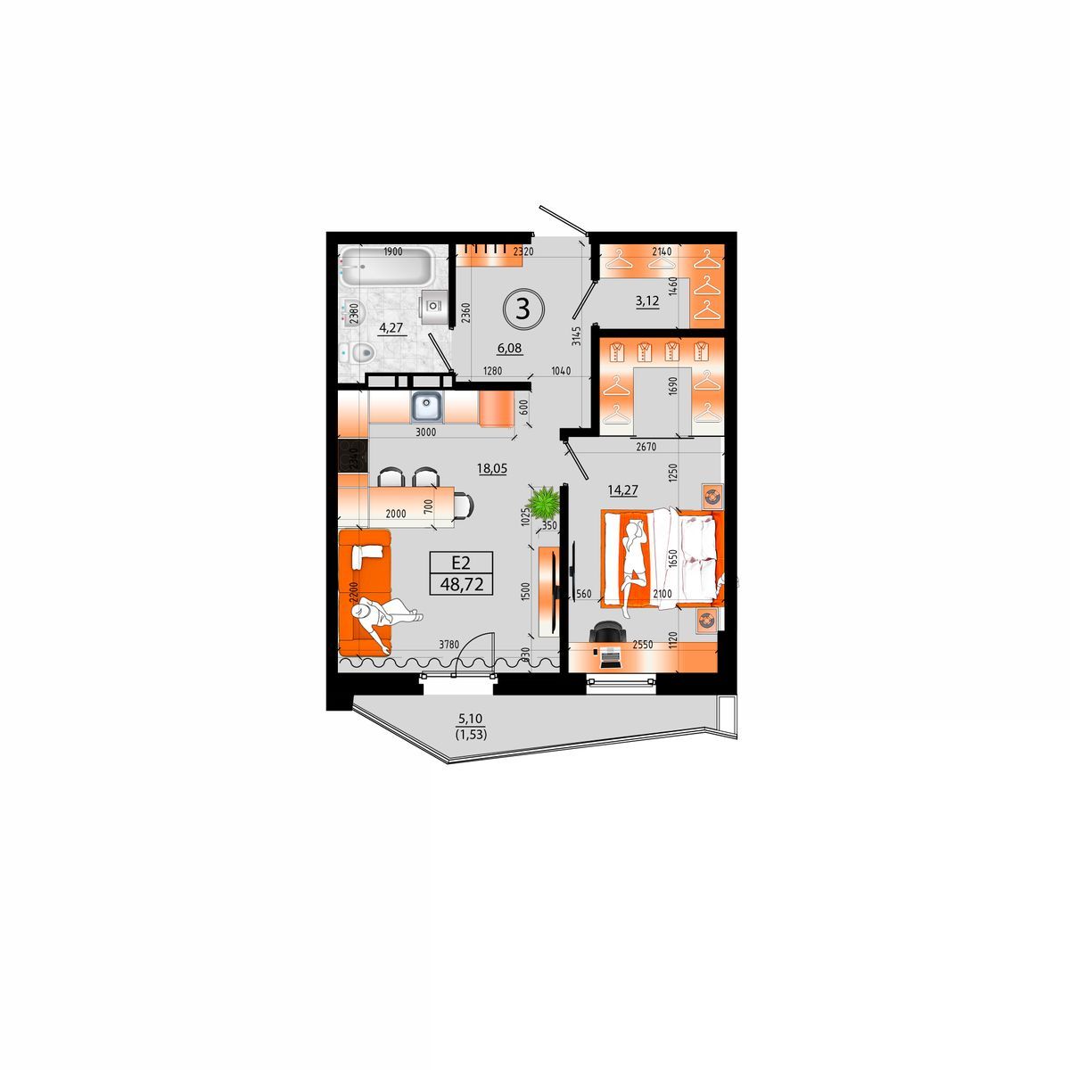 3-комнатная, 48.72 м², № Д-3 в Sunrise (Санрайс)