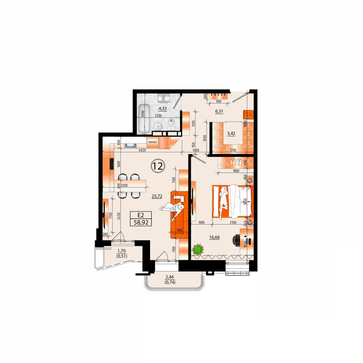 4-комнатная, 58.92 м², № А-12 в Sunrise (Санрайс)