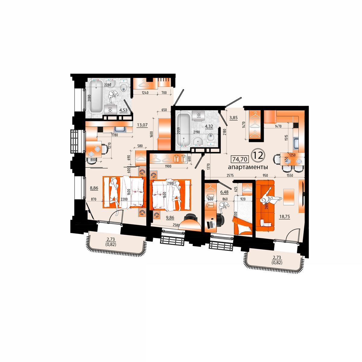 4-комнатная, 74.7 м², № Е-12 в Sunrise (Санрайс)