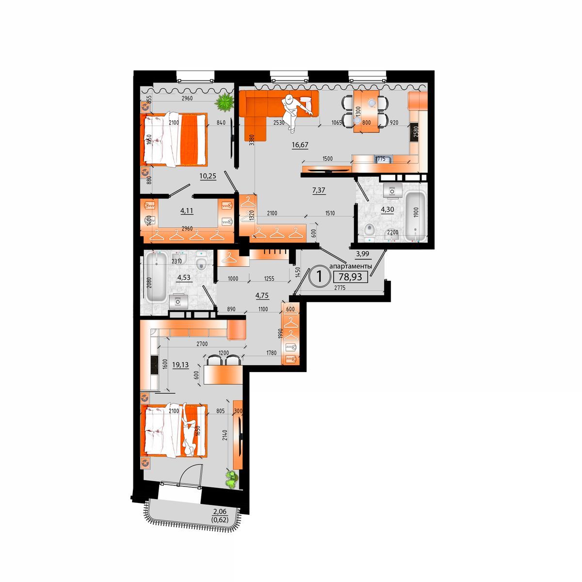 4-комнатная, 78.93 м², № Д-1 в Sunrise (Санрайс)