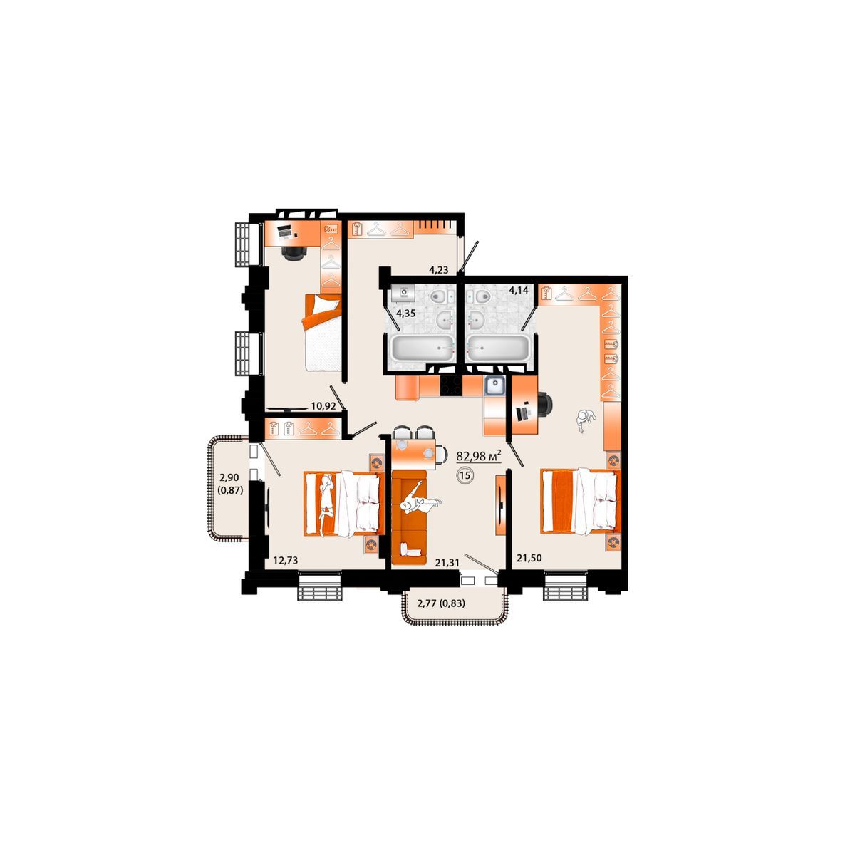 4-комнатная, 82.98 м², № Г-15 в Sunrise (Санрайс)