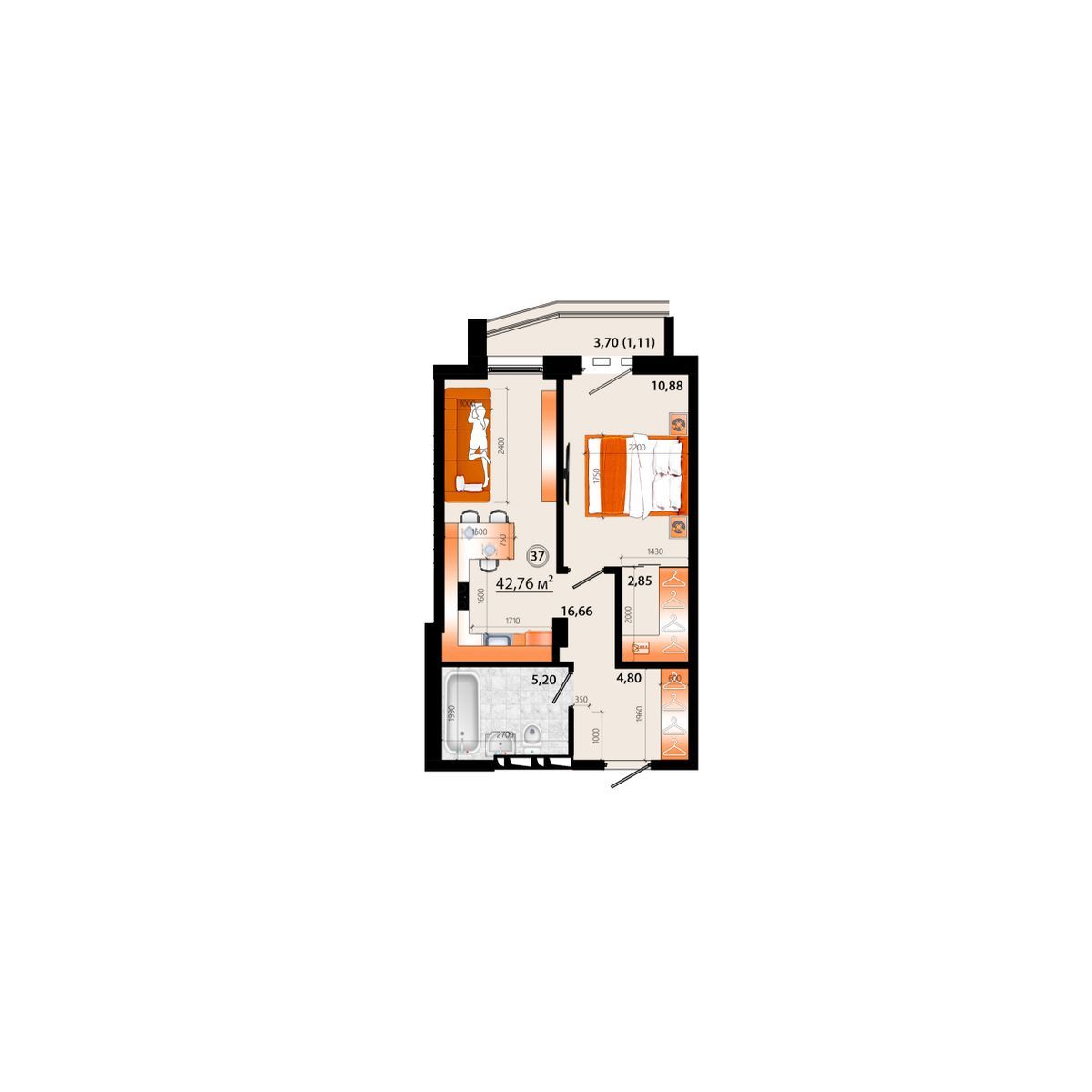 2-комнатная, 42.76 м², № Г-37 в Sunrise (Санрайс)