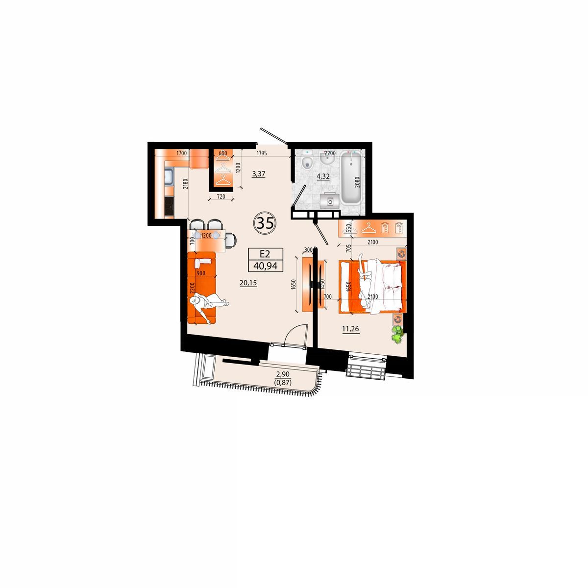2-комнатная, 40.94 м², № Д-35 в Sunrise (Санрайс)
