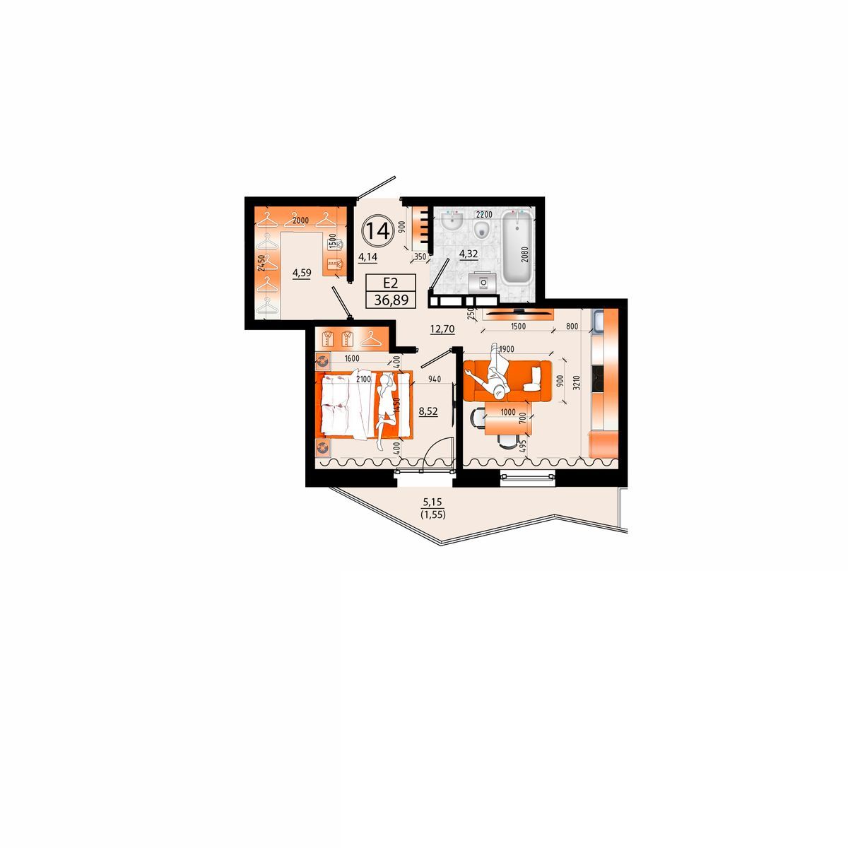 2-комнатная, 36.89 м², № Е-14 в Sunrise (Санрайс)
