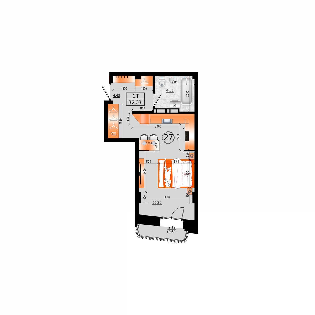 1-комнатная, 32.03 м², № Е-27 в Sunrise (Санрайс)