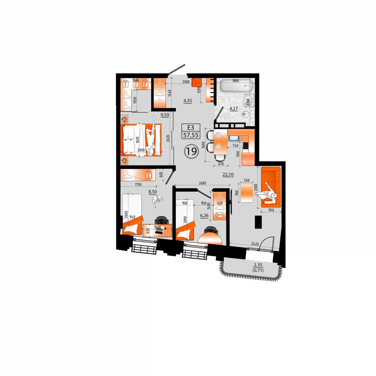 3-комнатная, 57.55 м², № Е-19 в Sunrise (Санрайс)