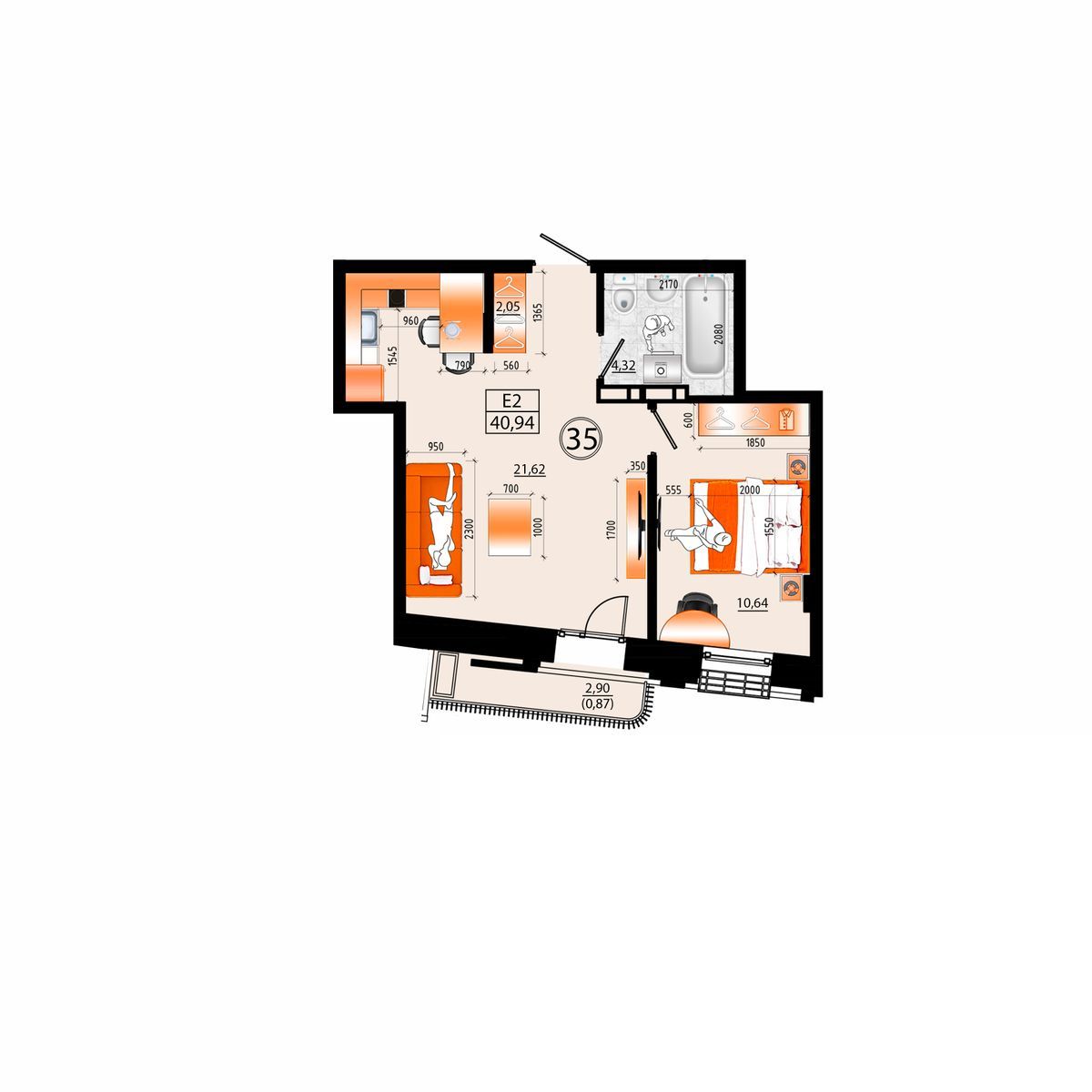 2-комнатная, 40.94 м², № Д-35 в Sunrise (Санрайс)