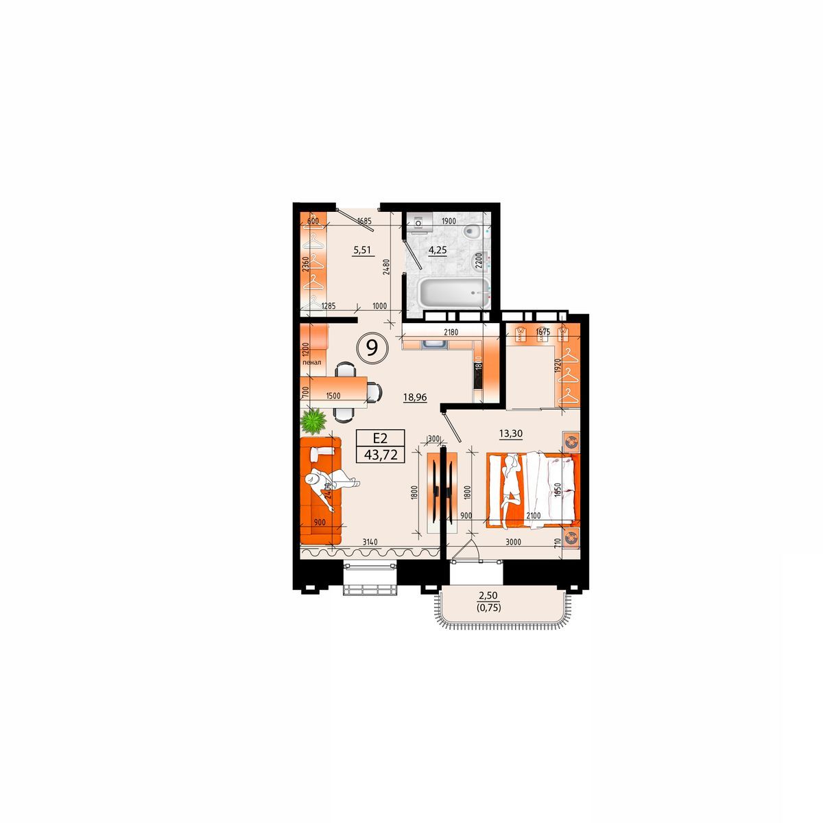 2-комнатная, 43.72 м², № А-9 в Sunrise (Санрайс)