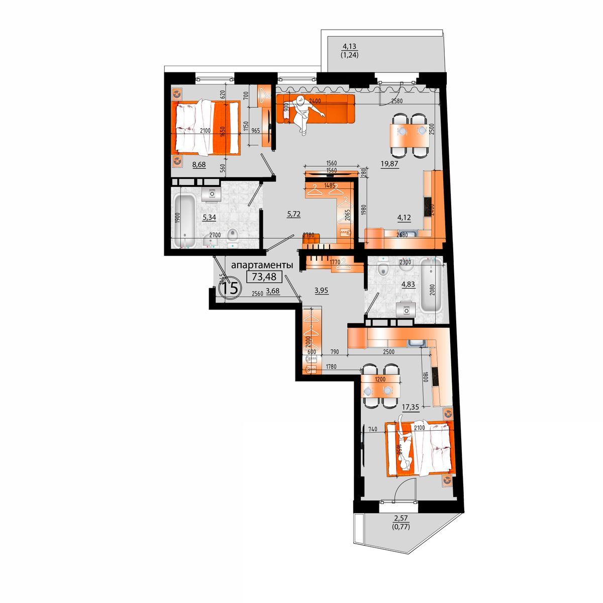 4-комнатная, 73.48 м², № В-15 в Sunrise (Санрайс)
