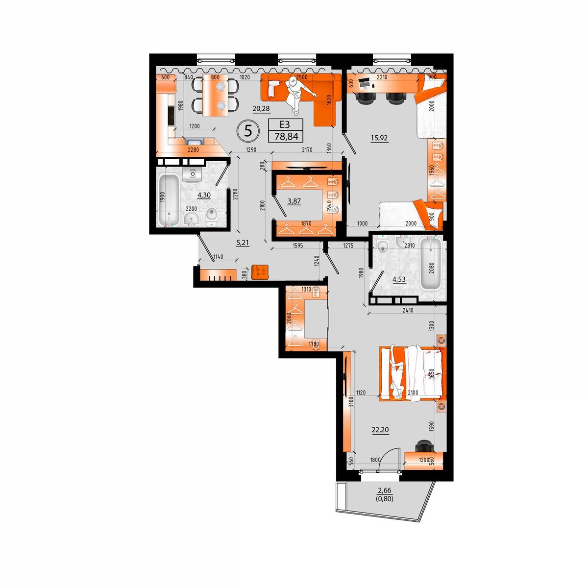 4-комнатная, 78.84 м², № Е-5 в Sunrise (Санрайс)