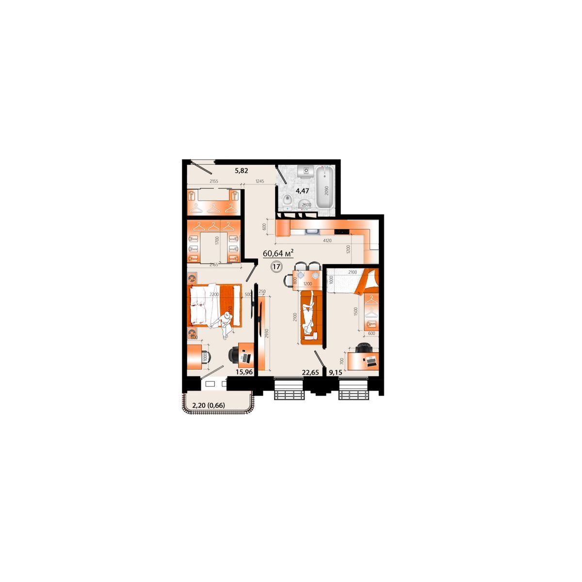 3-комнатная, 60.64 м², № Г-17 в Sunrise (Санрайс)