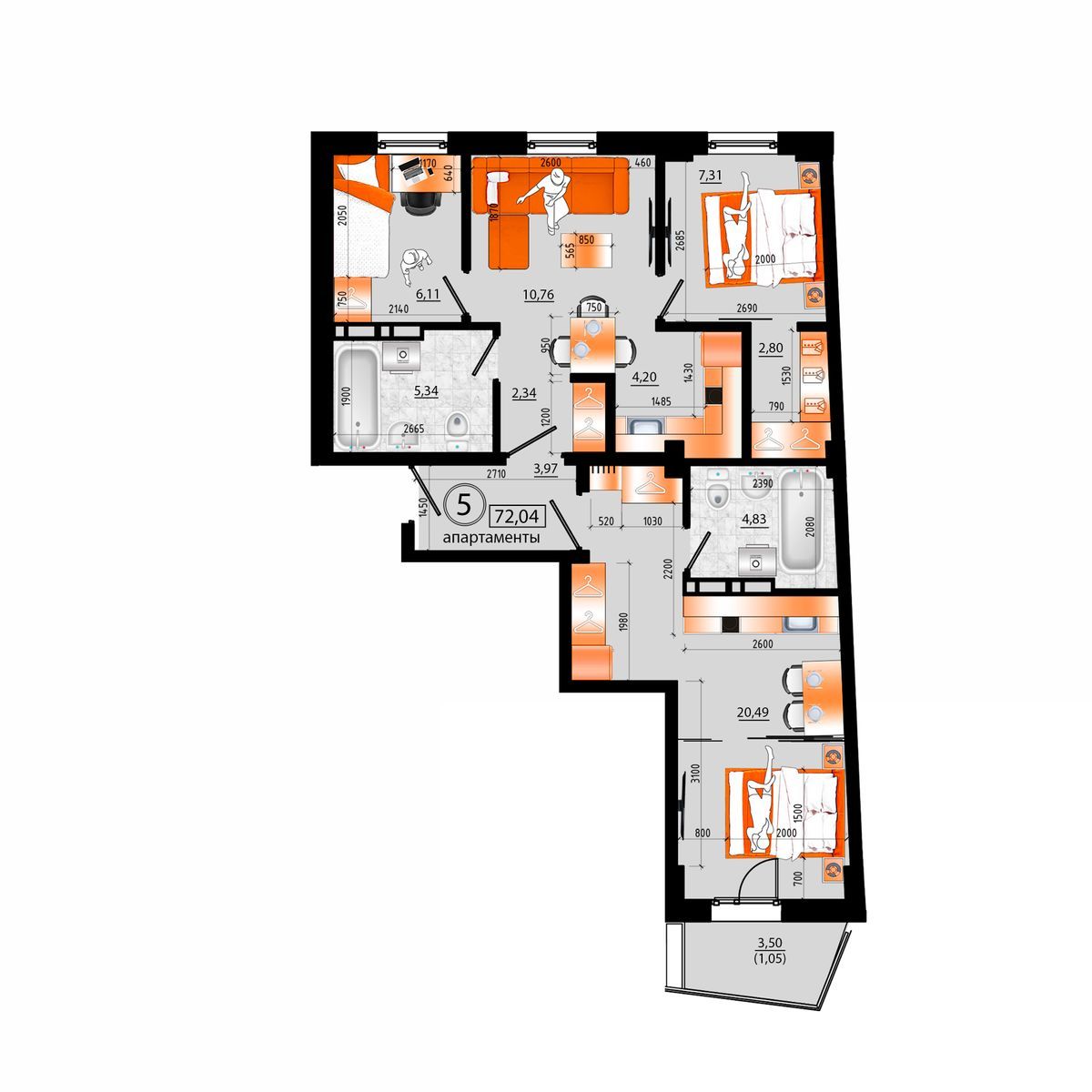 4-комнатная, 72.04 м², № В-5 в Sunrise (Санрайс)